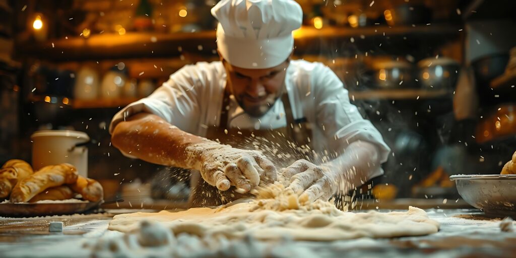 art baking chef kneads dough rustic kitchen