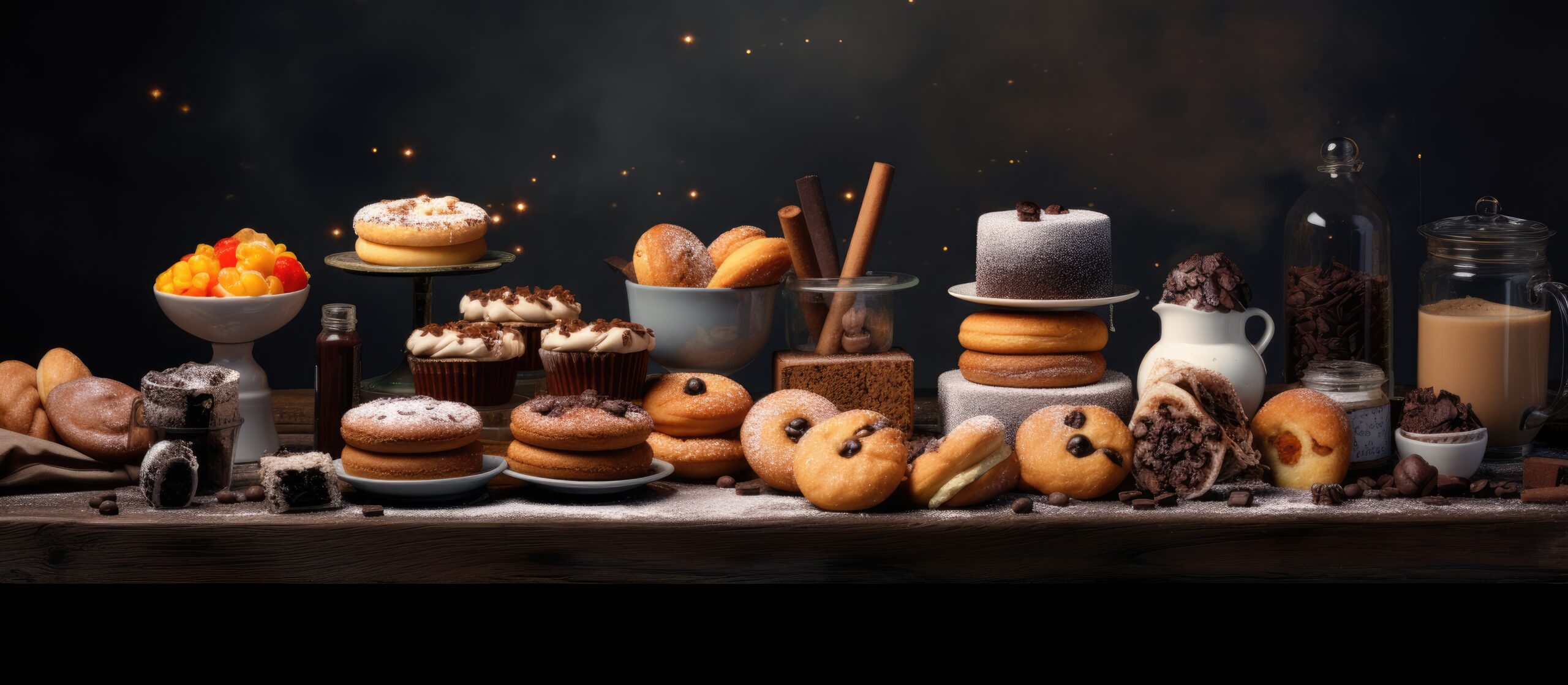 assorted baked goods and coffee cups on a dark background arranged in a panoramic banner