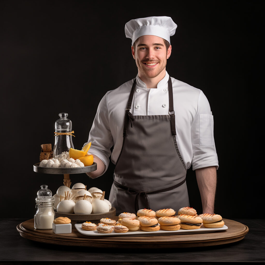 baker holding tray croissants white background